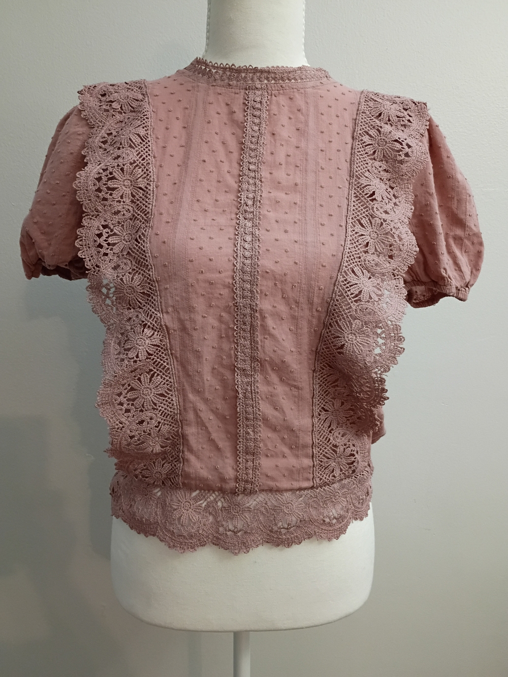 Women's Dusty Rose Lace-Trim Puff Sleeve Blouse